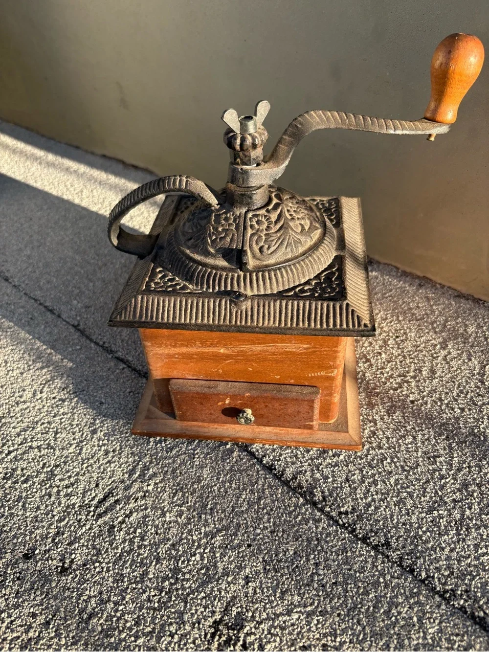 Vintage Wooden hand crank coffee grinder cast iron Rustic farmhouse decor